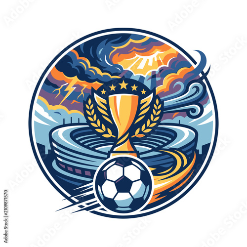 Circular football stadium crest with trophy and ball.