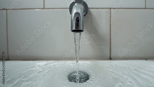 Canvas Print Leaking water from a gleaming chrome pipe in a bathroom with white ceramic tile