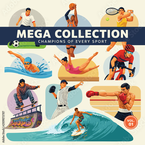 Vibrant of diverse athletes excelling in various sports, collection cover basketball