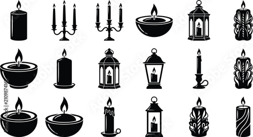Foto Set of black candle silhouettes featuring lanterns, bowls, and pillar candles is