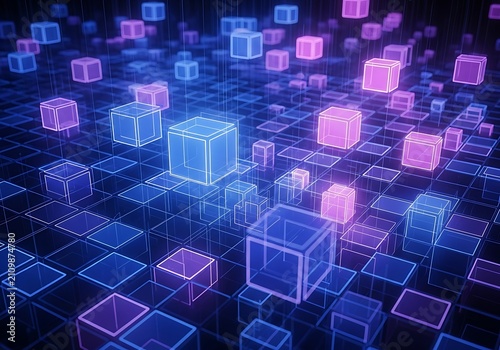 Futuristic Abstract Background with Blue and Purple Neon Light Streaks and White Central Copy Space