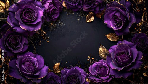 深紫のバラとゴールド装飾が彩る高級ゴシックフラワーフレーム黒背景
Luxurious deep purple rose frame with elegant gold accents on a black background
