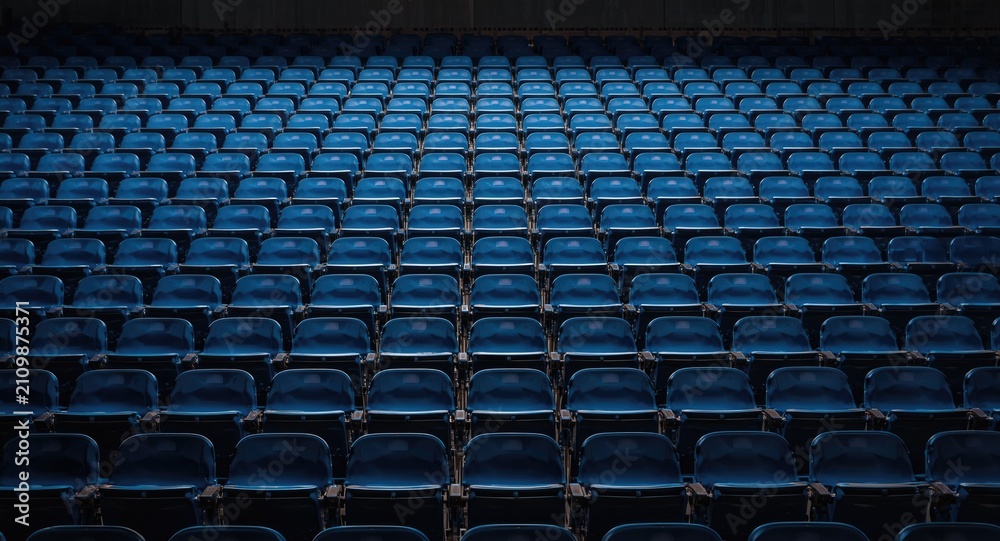 Naklejka premium Blue Stadium Seats Arranged in Rows in Dim Lighting