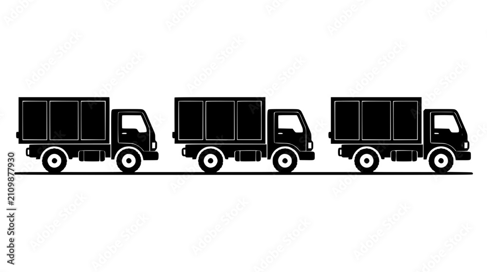 Naklejka premium Three Cargo Trucks in a Row with Simple Black Lines and Minimal Details Featuring Transportation, Logistics, Vehicles with Road