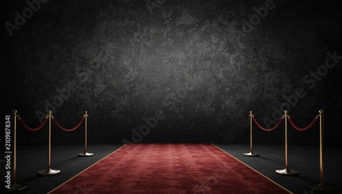 Foto Red Carpet Entrance with Stanchions Against a Dark Textured Wall