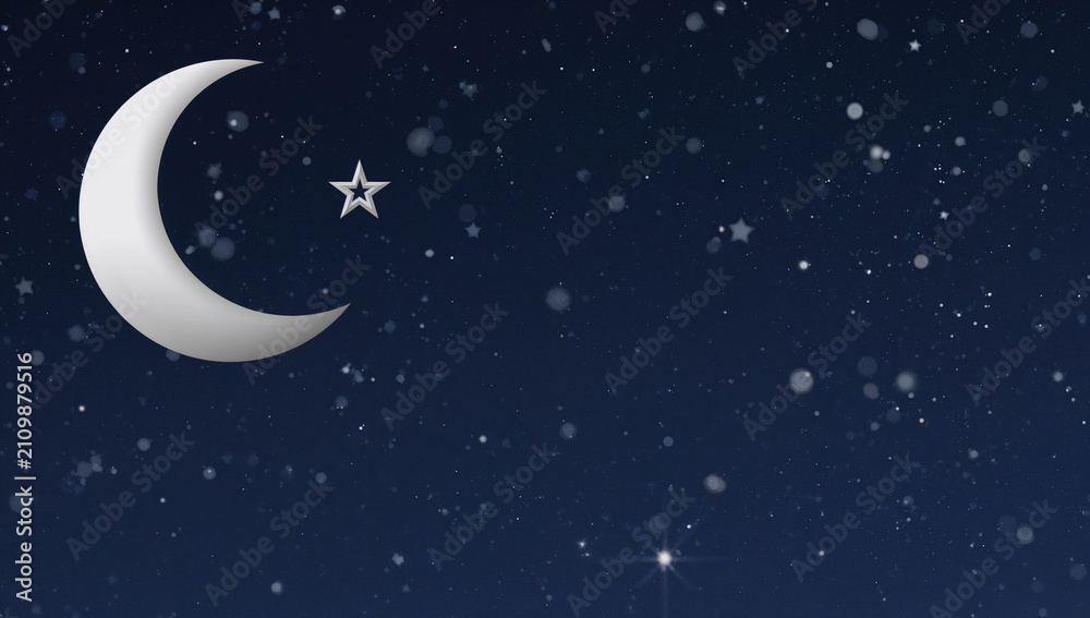 Naklejka premium Crescent Moon and Star in a Starry Night Sky