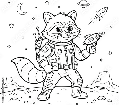 фотографія A cute cartoon raccoon wearing a detailed astronaut space suit and holding a toy