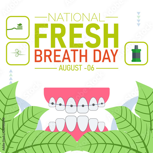 National Fresh Breath Day. Vector illustration with mouthwash bottle,toothbrush,leaf icon. celebrated in August. Perfect for banners, posters,card,background,Header design, social media.