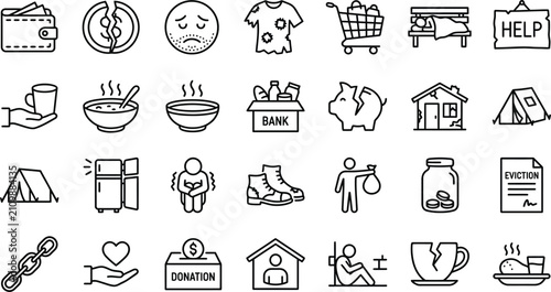 Comprehensive Collection of 30 Editable Stroke Line Icons Depicting Poverty Issues, Homelessness, Social Inequality, Financial Crisis, and Welfare Support for Poor Individuals Vector Set