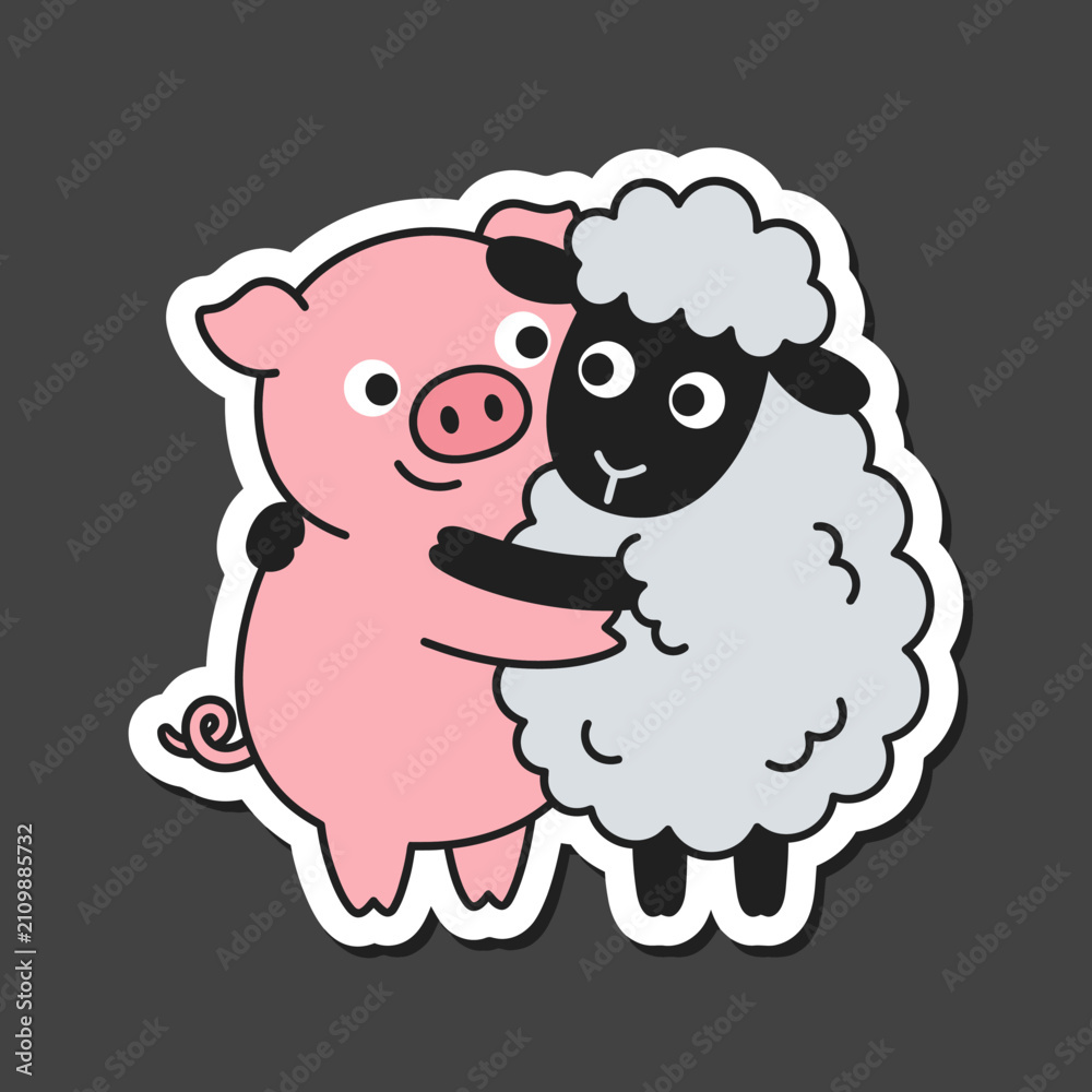 Obraz premium Cartoon pig and sheep hugging sticker.