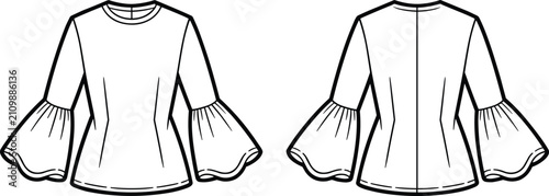 Tableau sur toile Front and back view of a womens blouse with long flared bell sleeves and a round