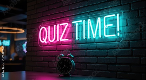 Neon Quiz Time sign on a dark brick wall with an alarm clock