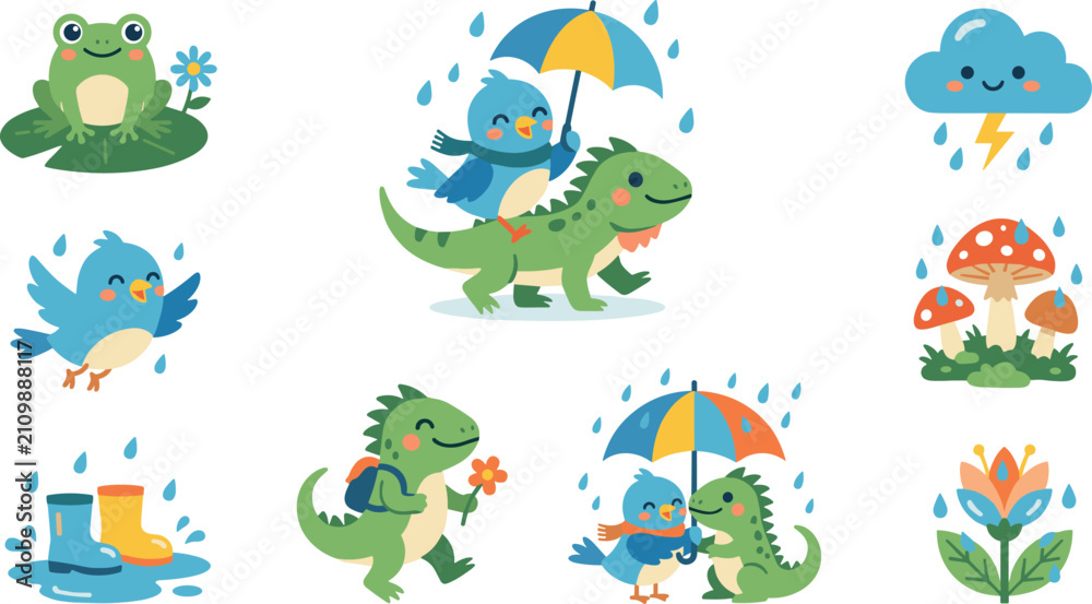 Obraz premium Cute Kawaii Rainy Day Vector Set Featuring Little Dinosaur, Blue Bird, Frog, Rainy Weather Clouds, and Colorful Umbrellas for Kids Graphic Designs