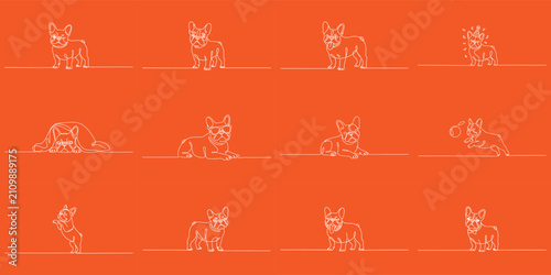 Continuous line art illustration set of French bulldog poses bundle concept