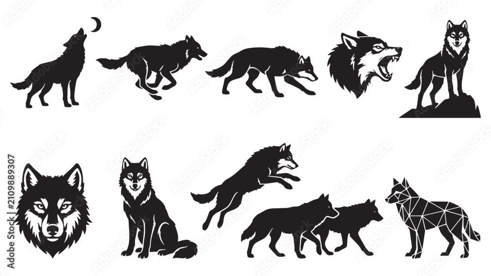 Obraz premium Red Fox Vector Silhouette Collection, Wild Fox Action Poses Set