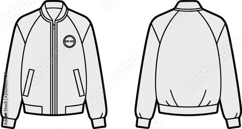 Obraz na płótnie Front and back view of a casual bomber jacket with raglan sleeves and a small ch