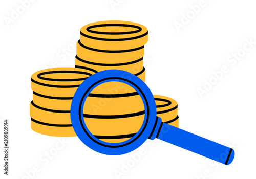 Hand drawn illustration stack of coins with magnifying glass. Flat vector money income and expenses audit sticker doodle. Analysis of personal budget icon. Financial advisor concept. Isolated.
