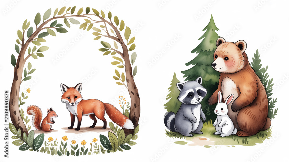 Fototapeta premium Illustration of a fox squirrel raccoon bear cubs in a forest setting with trees and plants bear cub forest floor wildlife conservation squirrel
