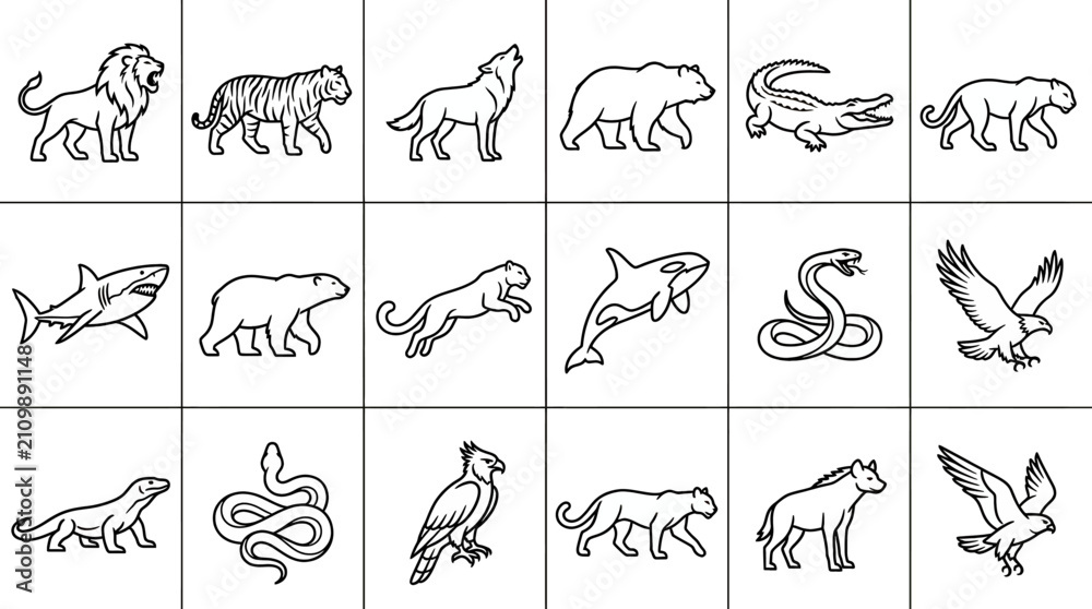 Obraz premium Set of various wild animal silhouettes and line art icons including lion, tiger, wolf, bear, crocodile, shark, whale, eagle, and snake for educational design and graphic elements collection