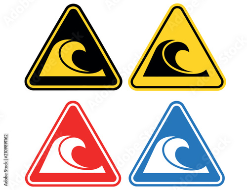 Set of four colorful triangular tsunami warning signs with ocean wave symbols on white background.
