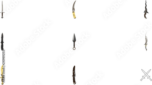 Bild auf Leinwand Tactical Dagger and Combat Knife Vector Set Featuring Kunai Karambit Kris and Cr