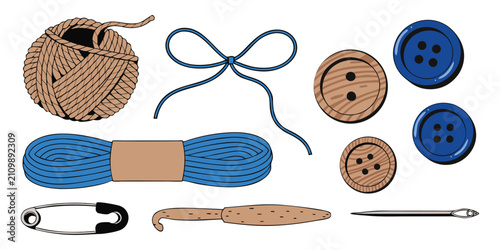 Fotografie Sewing and knitting craft tools vector element set isolated on white background
