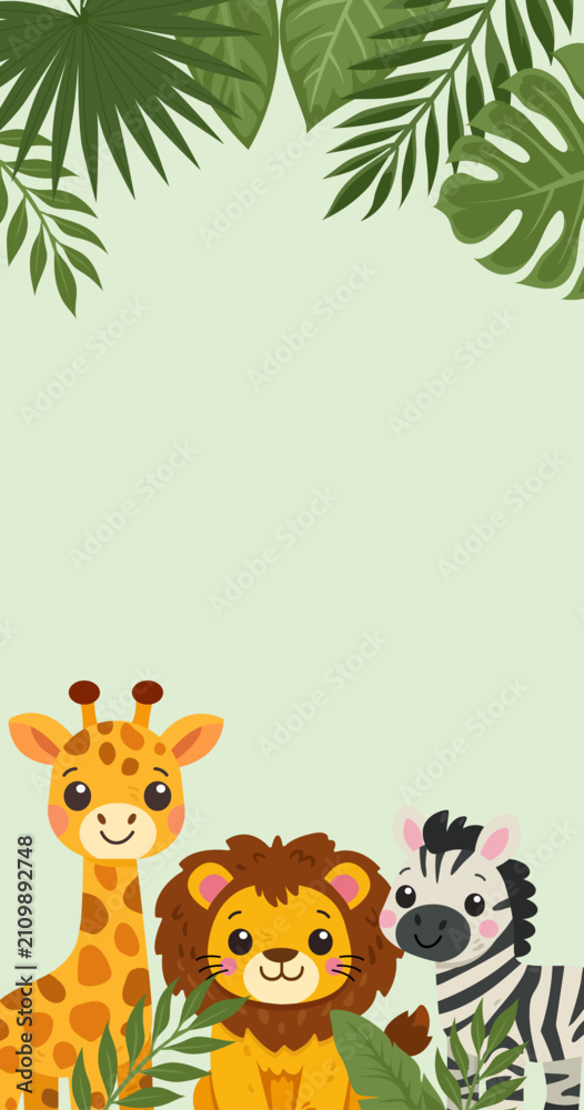 Obraz premium Cute giraffe, lion, and zebra with jungle leaves on green background