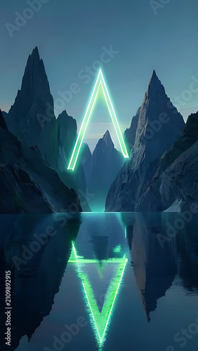 Neon triangle over reflective mountain lake at dusk
