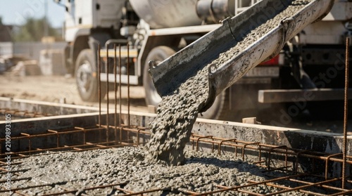 Pouring wet concrete from a mixer truck chute into a steel rebar reinforced foundation formwork at a construction site for a new building.