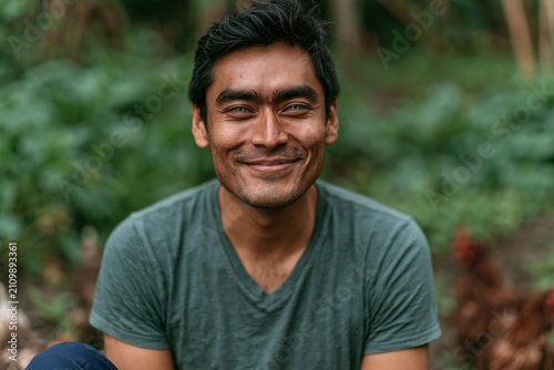 Smiling man portrait outdoors for wellness background and lifestyle banner design with natural greenery