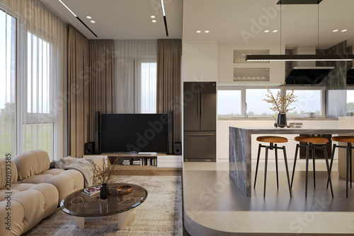 3d render of luxury home interior, dining room