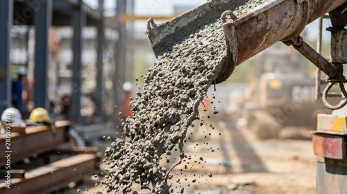 Fresh concrete mix with gravel pouring from a metal chute at an active construction site.