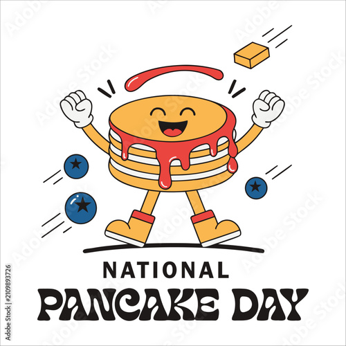 Cartoon pancake character with syrup and blueberries vector illustration
