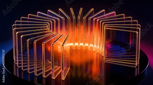 A circular arrangement of transparent square objects glowing with warm orange light, creating a futuristic and abstract pattern
