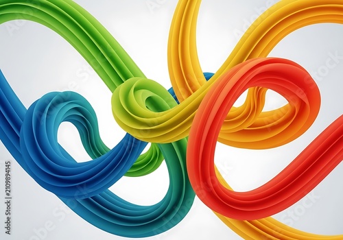 Creative abstract concept featuring colorful 3D flowing curves and twisted ribbons in dynamic motion