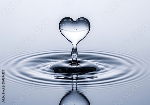 A heart-shaped water droplet creates ripples on the surface of clear water, symbolizing love and purity