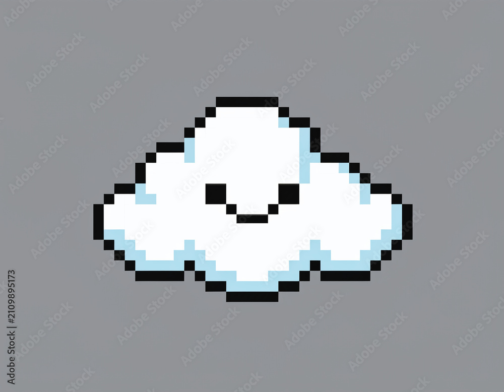 Fototapeta premium Cute pixel art illustration of a smiling white cloud mascot in a retro 8-bit gaming style on a grey background for digital art and graphic design projects