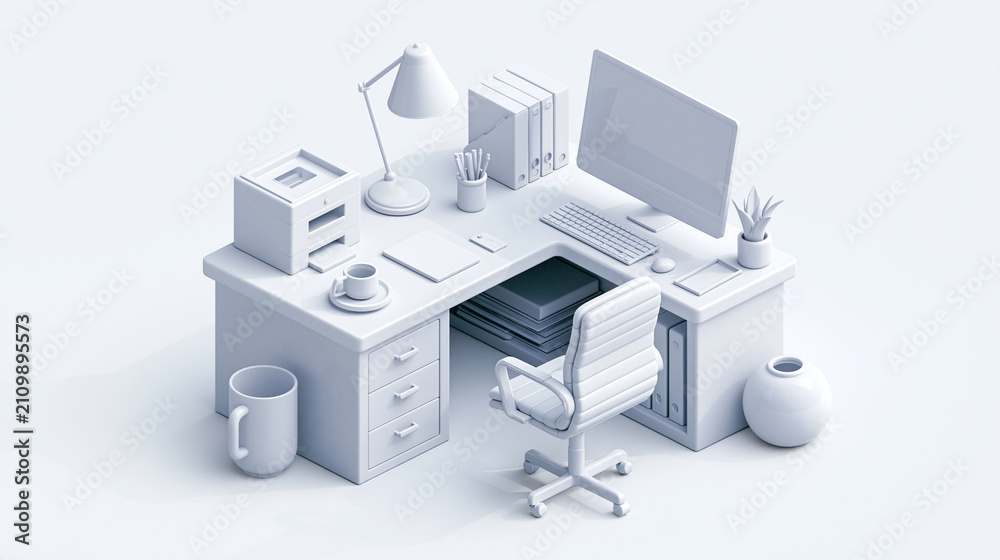 Fototapeta premium Minimalist White Office Desk Isometric 3D Rendering, Workplace Concept