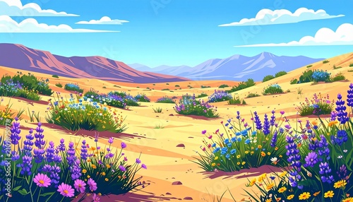 Vibrant wildflower meadow with snow capped mountain backdrop.
