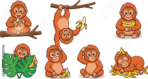Canvas Print Cute Kawaii Orangutan and Monkey Vector Character Set Featuring Various Poses wi