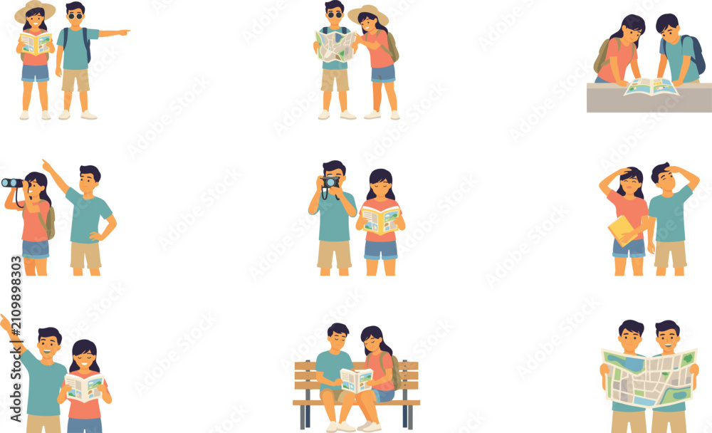 Fototapeta premium Happy Tourist Couple Character Vector Illustration Set with Various Poses Traveling Sightseeing Reading Maps Taking Photos and Exploring Cities