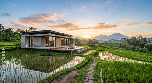 Modern luxury house surrounded by lush green rice fields at sunset with mountain landscape