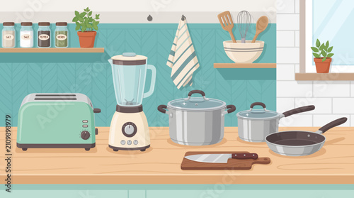 Fotografie Kitchen Utensils and Appliances on a Countertop, Cooking Equipment, Home Cooking