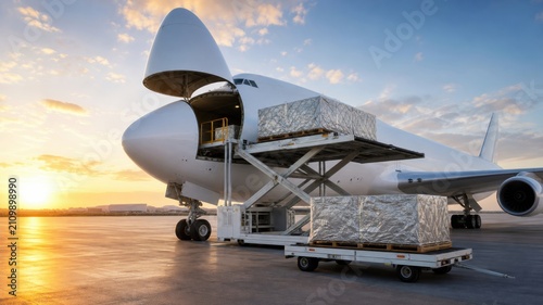 Cargo is loaded into a large airplane at an airport during sunset hours