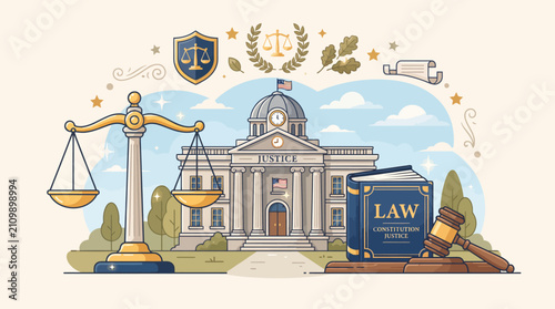 Foto Justice Court Building with Scales of Justice, Law Book and Gavel