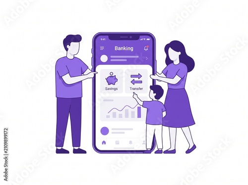 Family Using Mobile Banking App for Savings and Financial Management Illustration