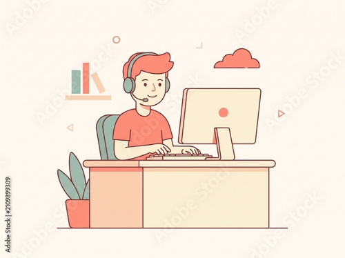 Friendly Customer Service Representative Working at Computer Desk with Headset Illustration