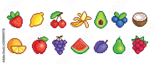 Pixel fruits. Pixelated icons fruit, 8 bit arcade game elements. Fresh banana, cherry, lemon, orange, avocado and watermelon slice, tidy vector clipart