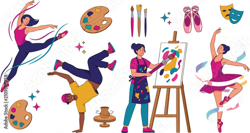 Fine Arts and Performing Arts Vector Character Set Featuring Painter, Ballerina, Breakdancer, Ribbon Dancer, Paint Palette, and Theater Mask Elements