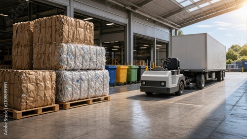 Waste collection and transportation in a recycling facility with packed materials and a truck in the afternoon sunlight